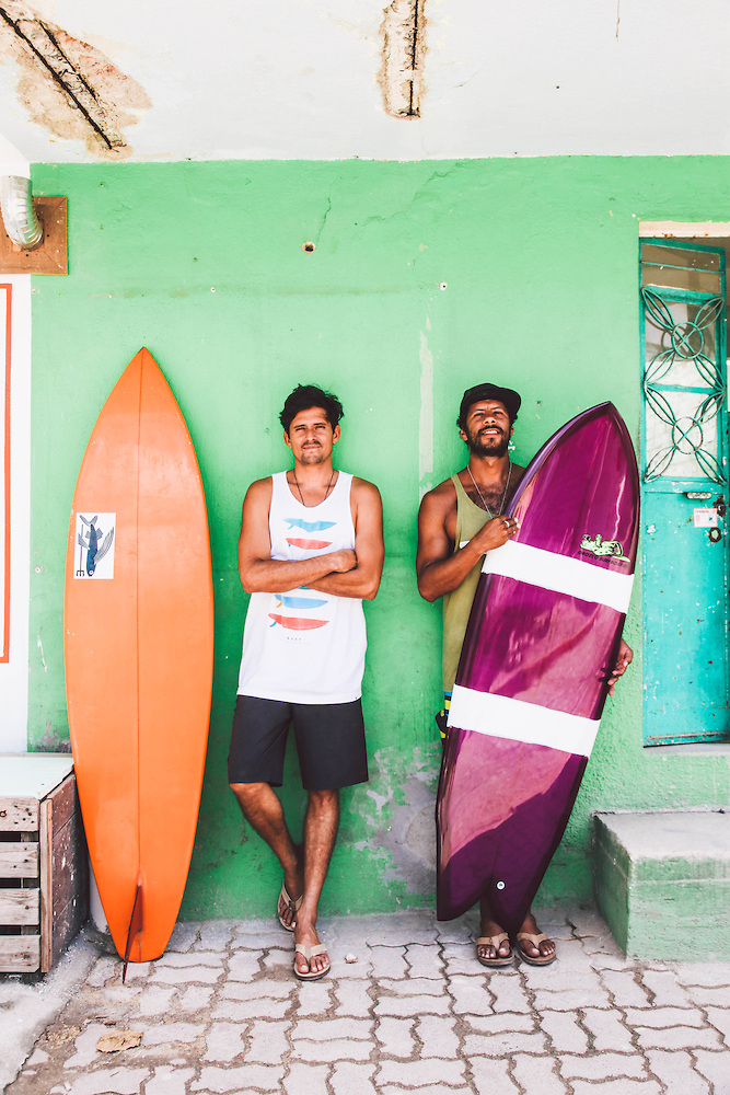 Local surfers, Kalle Carranza and Hector "Papas" Gonzalez who own the surf shop, Sininen.